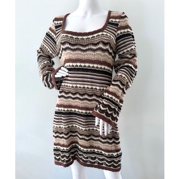 Pink Lily Crochet Knit Multi Color Bell Sleeve Dress size Large Boho Chic Style - Picture 1 of 7